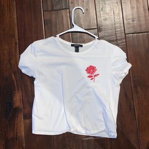 White cropped shirt with red rose